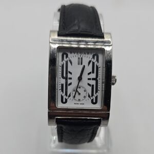 Bulgari Rettangolo Rectangular Silver Case Mens Watch with Black Strap RT45S